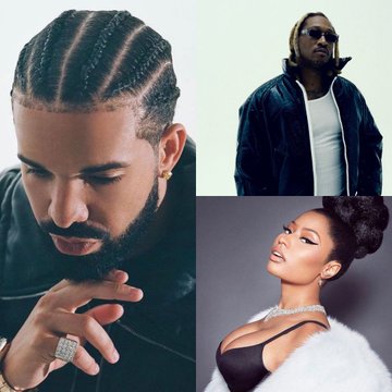 Collage of three hip-hop artist portraits