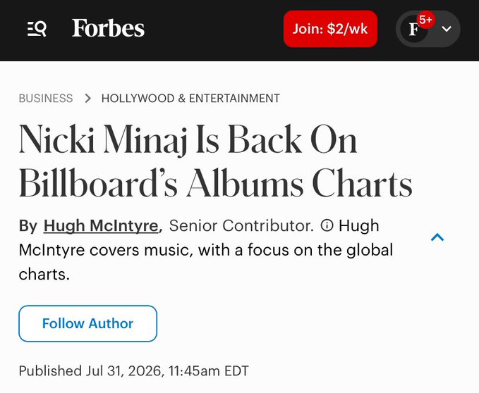 👑 Forbes Continues to Recognize Nicki Minaj’s Chart Power ⭐