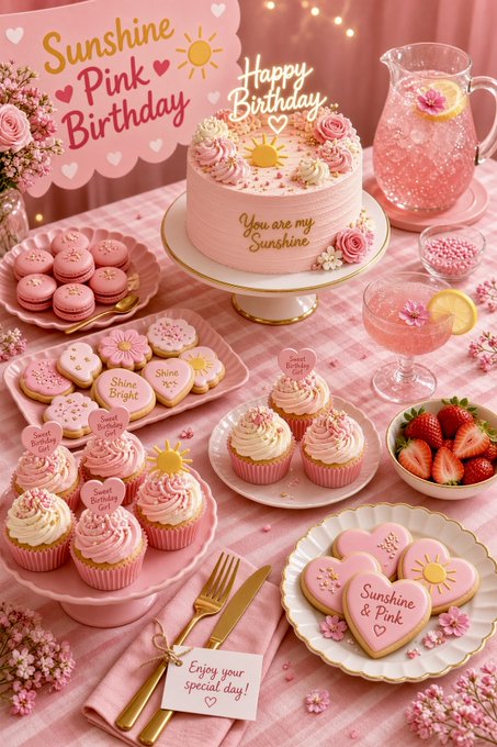 Sunshine-themed pink birthday cake, cupcakes, desserts