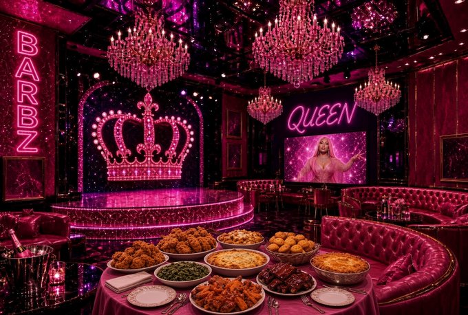 Pink glamorous lounge with crown stage and buffet
