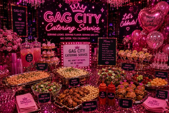 Pink themed catering buffet with neon sign