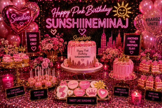 Neon pink birthday dessert table with cake