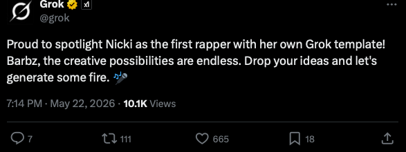 👑 Grok’s #StarshipBaddie Template Has Nicki Minaj & The Barbz+Kenz Gagging