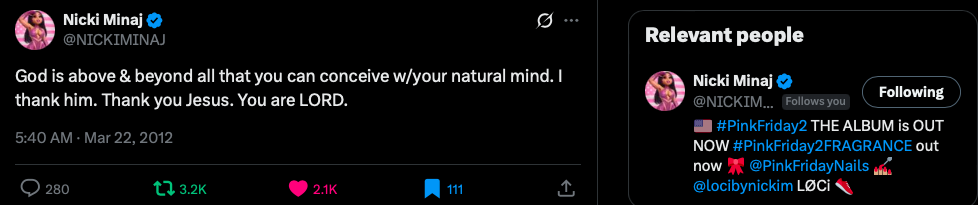 Screenshot of social media post praising God