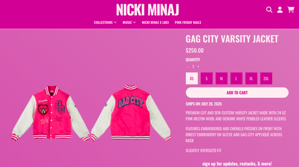 Pink Gag City varsity jacket product listing