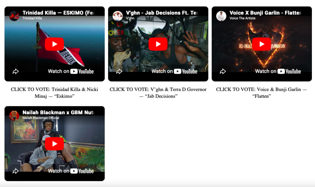Four YouTube video thumbnails with play icons