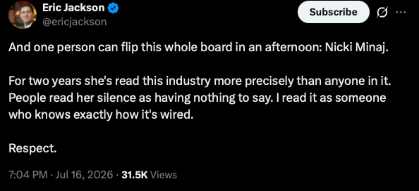 Screenshot of a tweet praising a musician