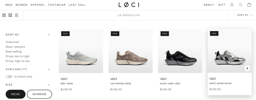 E-commerce product grid displaying women's sneakers