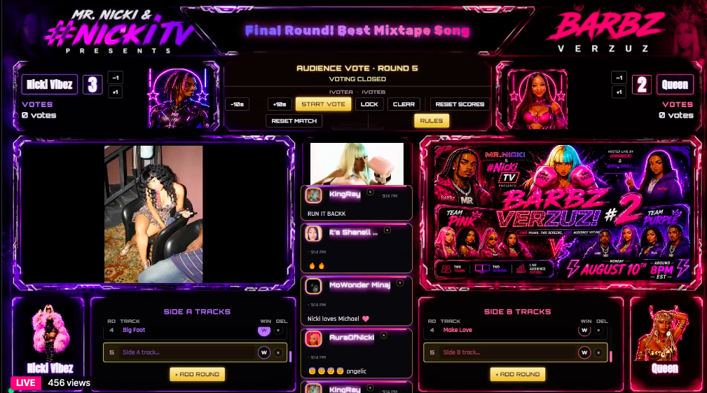 Vibrant purple livestream battle interface with chat