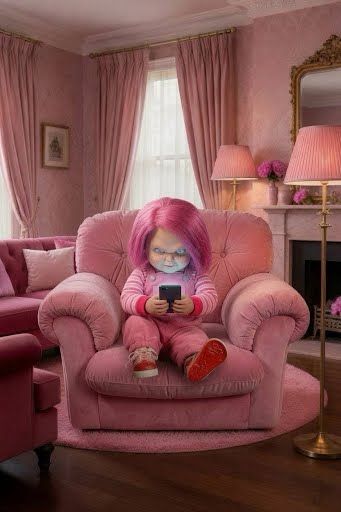 Creepy doll with pink hair using smartphone